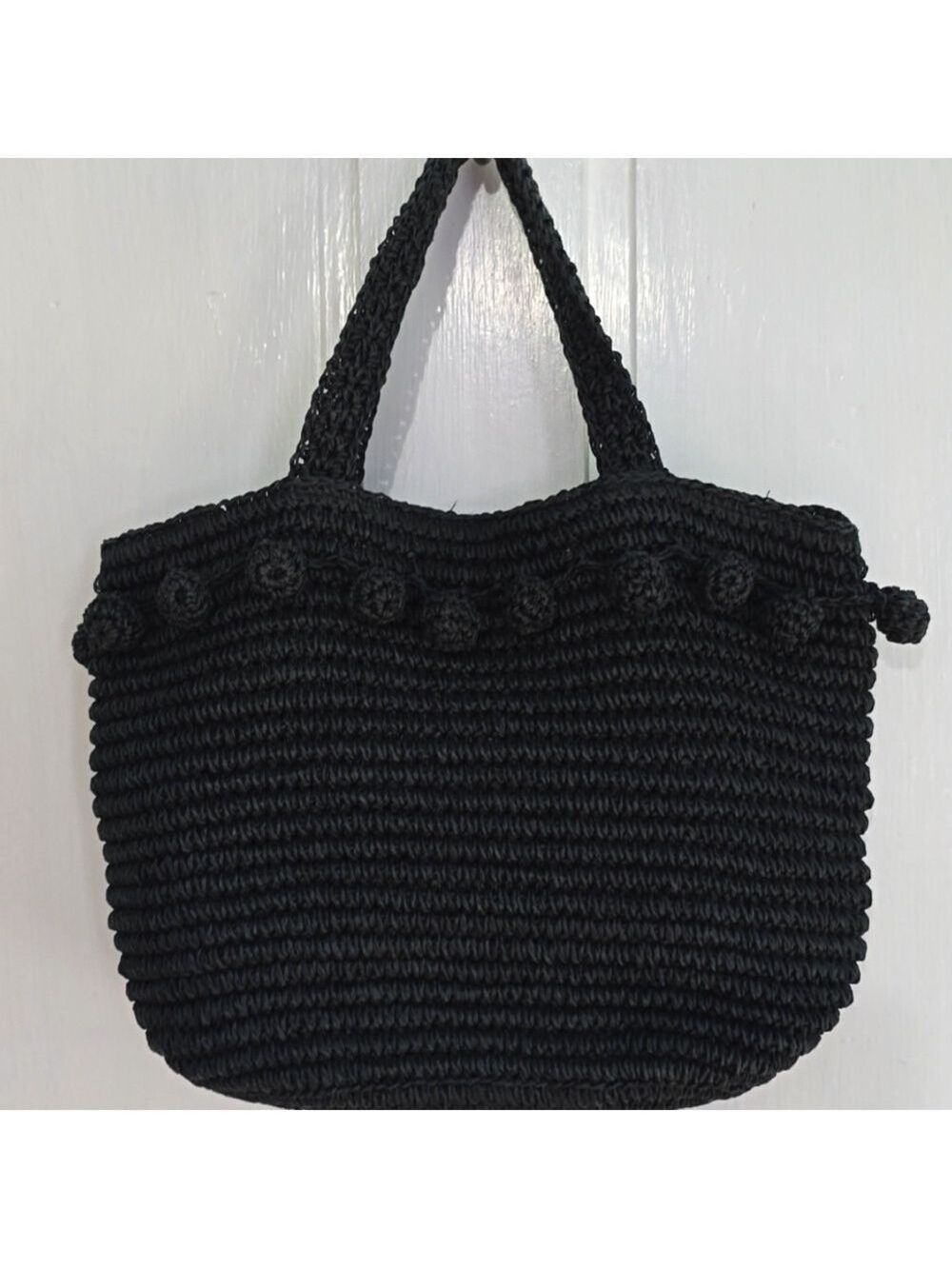 Buji Baja Woven Raffia Straw Handbag with Pom Pom Fringe and Gingham Lining - Picture 5 of 10